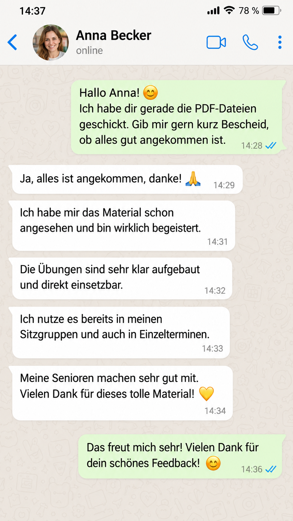 Positives Feedback auf WhatsApp — Sitzgymnastik Einheiten